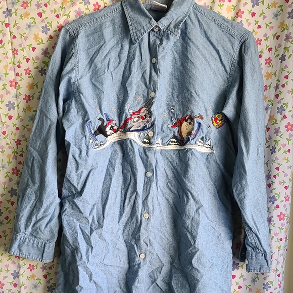 Vintage Warner Bros. Looney Tunes Embroidered Jean Button Down Size XS - Picture 2 of 5